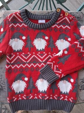 Holiday Time Red Gnome Knit Sweater with Gray Trim